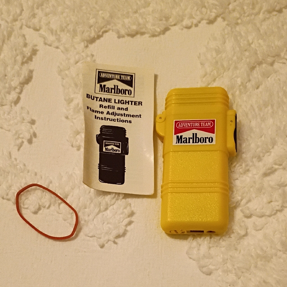 Vintage 80s Adventure Team Marlboro Yellow Butane Lighter With Instructions